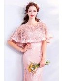 Elegant Pink Long Lace Mermaid Wedding Party Dress With Cape Sleeves
