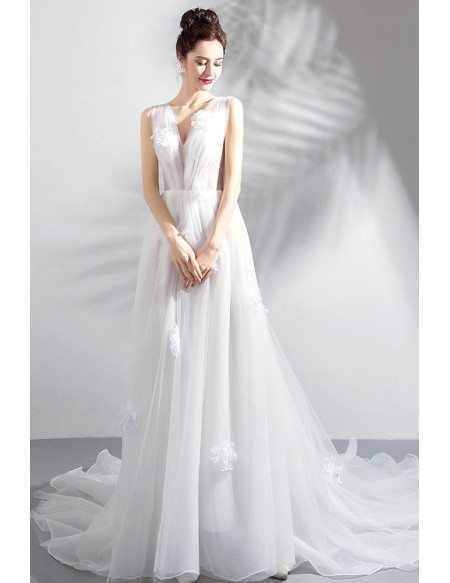 Fairy White Petals V-neck Boho Wedding Dress Simple With Train