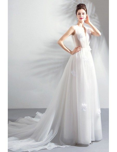 Fairy White Petals V-neck Boho Wedding Dress Simple With Train