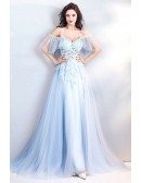 Fairy Blue Long Tulle Prom Dress Flowy With Straps Flowers