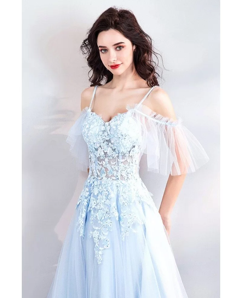 Fairy Blue Long Tulle Prom Dress Flowy With Straps Flowers Wholesale # ...