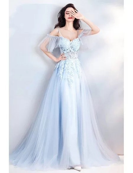 Fairy Blue Long Tulle Prom Dress Flowy With Straps Flowers Wholesale # ...