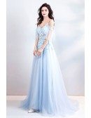 Fairy Blue Long Tulle Prom Dress Flowy With Straps Flowers