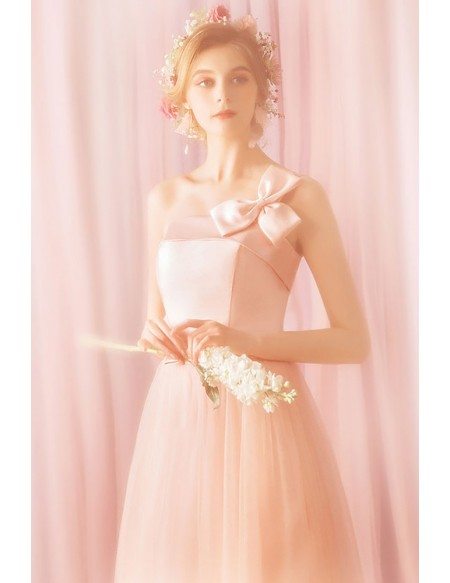 Super Cute Pink Tulle Long Party Dress With Big Bow
