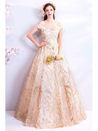 Unique Sparkly Gold Long Formal Prom Dress Ball Gown Off Shoulder