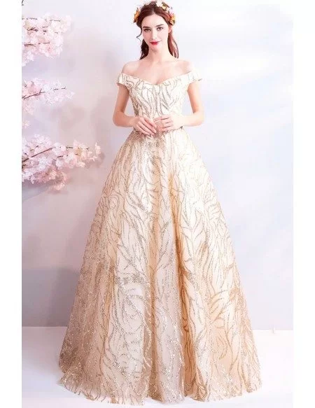 Unique Sparkly Gold Long Formal Prom Dress Ball Gown Off Shoulder