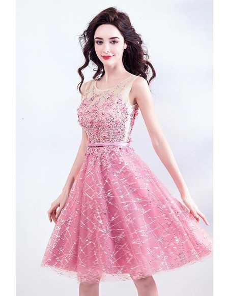 Super Cute Pink Sequins Short Prom Dress Tulle With Bling