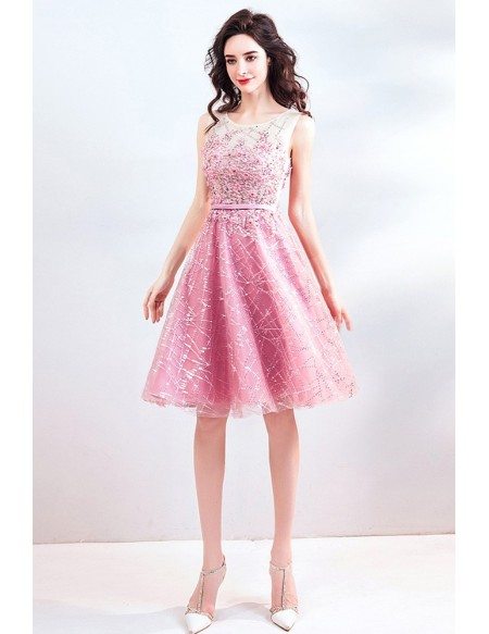 Super Cute Pink Sequins Short Prom Dress Tulle With Bling
