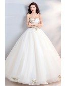Fancy Gold Embroidery Ivory Ball Gown Wedding Dress Strapless