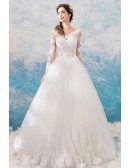 Luxury Embroidery Lace Princess Tulle Wedding Dress With Long Sleeves