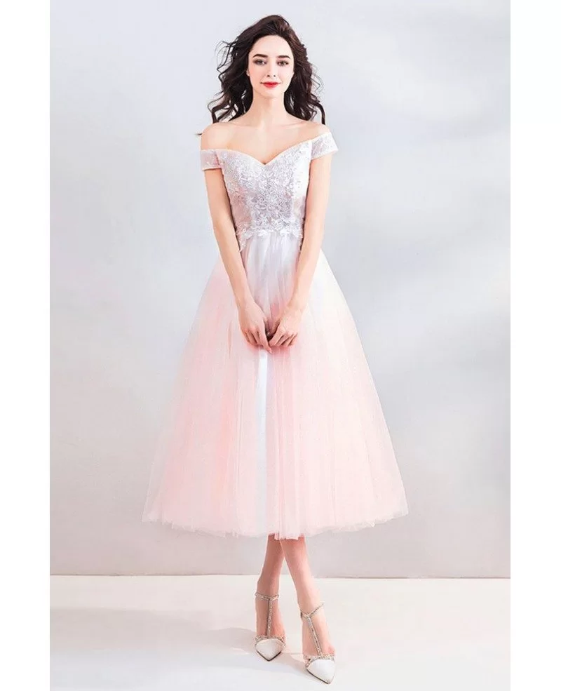 Peachy Pink Off Shoulder Tea Length Wedding Party Dress With Beading Wholesale T69146