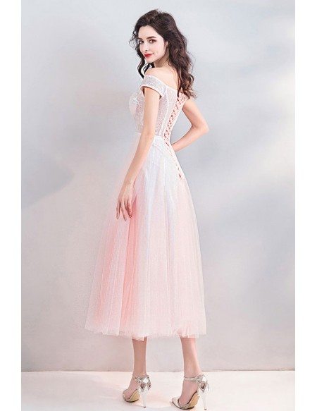 Peachy Pink Off Shoulder Tea Length Wedding Party Dress With Beading