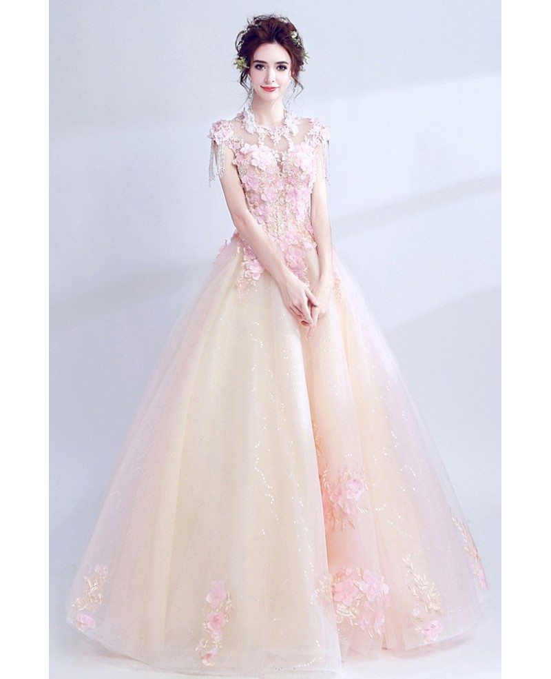 Fairy Pink Floral Tulle Long Prom Dress With Petals Wholesale #T69150 ...