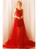 Fancy Long Red See Through Tulle Prom Dress With Train