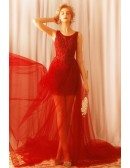 Fancy Long Red See Through Tulle Prom Dress With Train