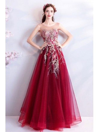 Unique Luxury Red Embroidered Long Prom Dress Sleeveless