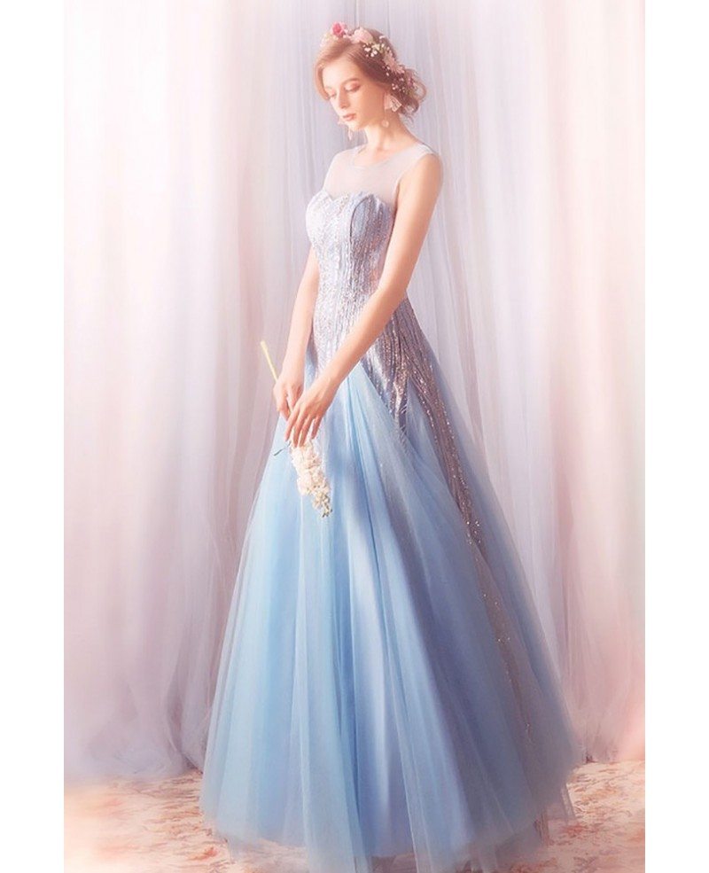 Sparkly Sequins Blue Long Tulle Prom Dress A Line With Bling Wholesale ...