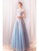 Sparkly Sequins Blue Long Tulle Prom Dress A Line With Bling