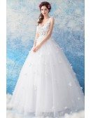 Dreamy Butterflies White Ball Gown Wedding Dress V-neck With Flowers