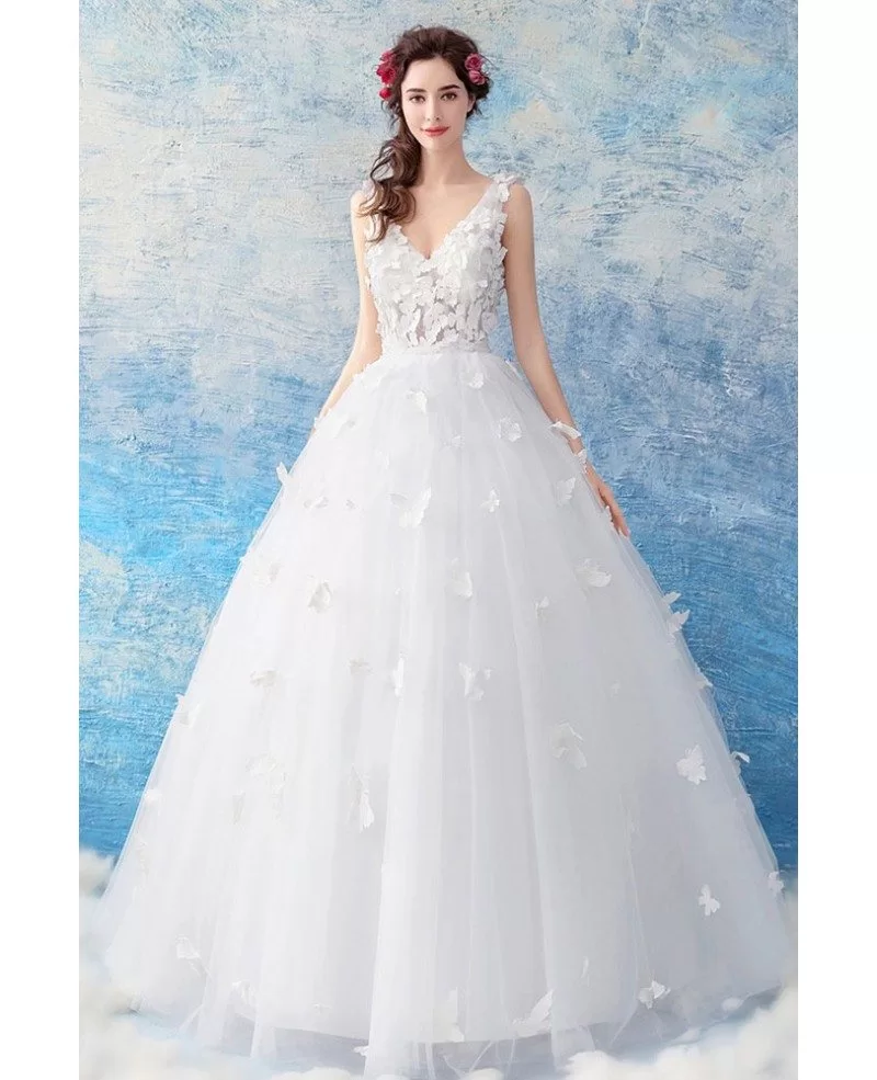 Dreamy Butterflies White Ball Gown Wedding Dress Vneck