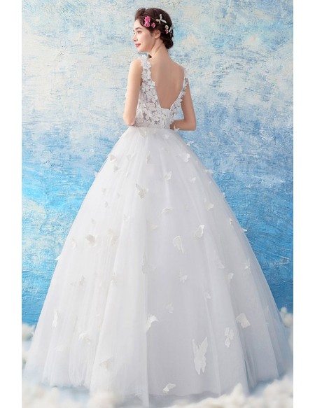 Dreamy Butterflies White Ball Gown Wedding Dress V-neck With Flowers