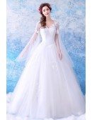 Dreamy Cape Lace Sleeves Princess Wedding Dress Ball Gown Tulle