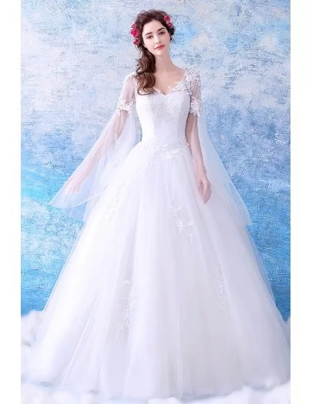 Dreamy Cape Lace Sleeves Princess Wedding Dress Ball Gown Tulle