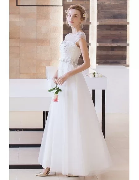 Modest A-Line Scoop Neck Floor-Length Organza Wedding Dress With Beading
