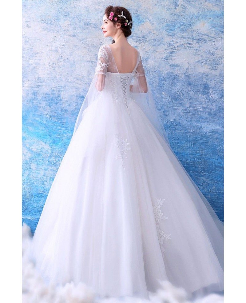 Dreamy Cape Lace Sleeves Princess Wedding Dress Ball Gown