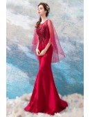 Classy Burgundy Cape Sleeve Mermaid Prom Dress Tight Fitted With Beading