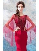Classy Burgundy Cape Sleeve Mermaid Prom Dress Tight Fitted With Beading