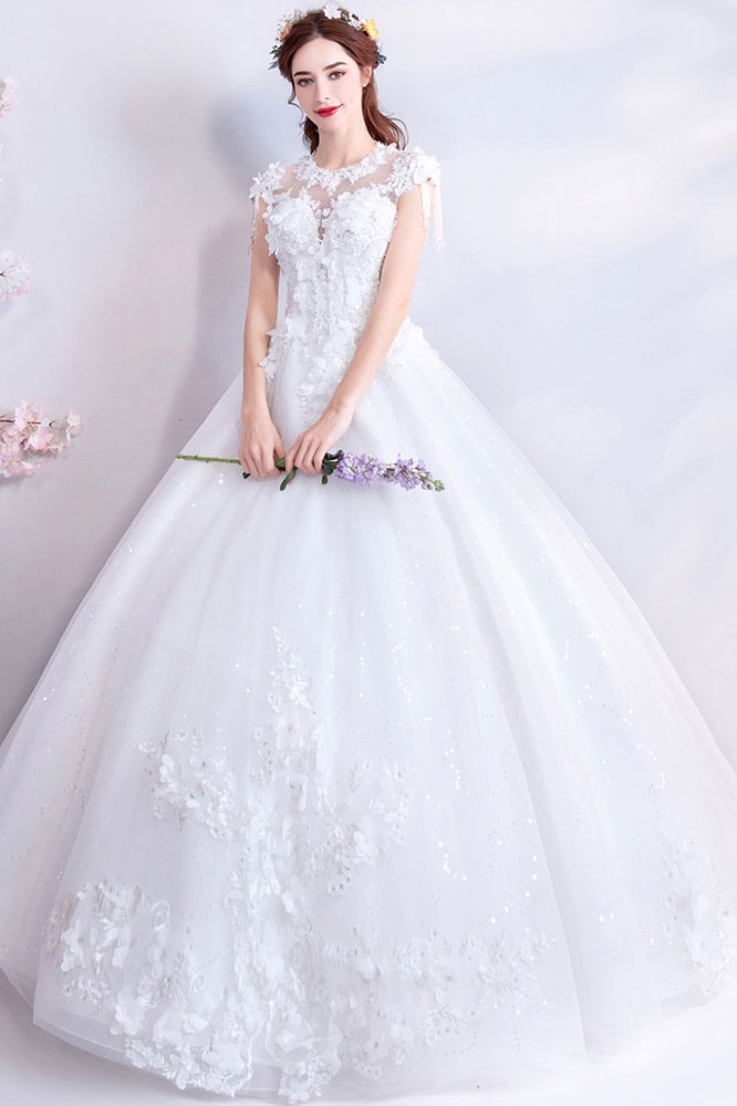 Fairy Flowers White Princess Ball Gown Wedding Dress With Cap Sleeves ...