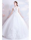 Fairy Flowers White Princess Ball Gown Wedding Dress With Cap Sleeves