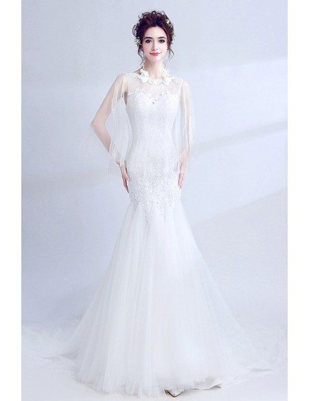 Beautiful Mermaid Lace Fitted Wedding Dress With Cape Sleeves
