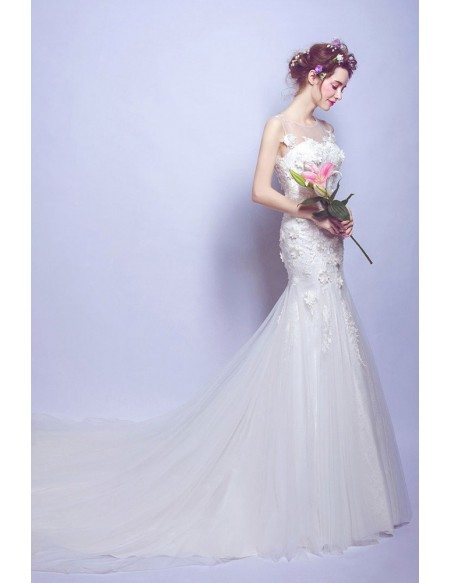 Mermaid Tight Fitted Wedding Dress With Flowers Sheer Neckline