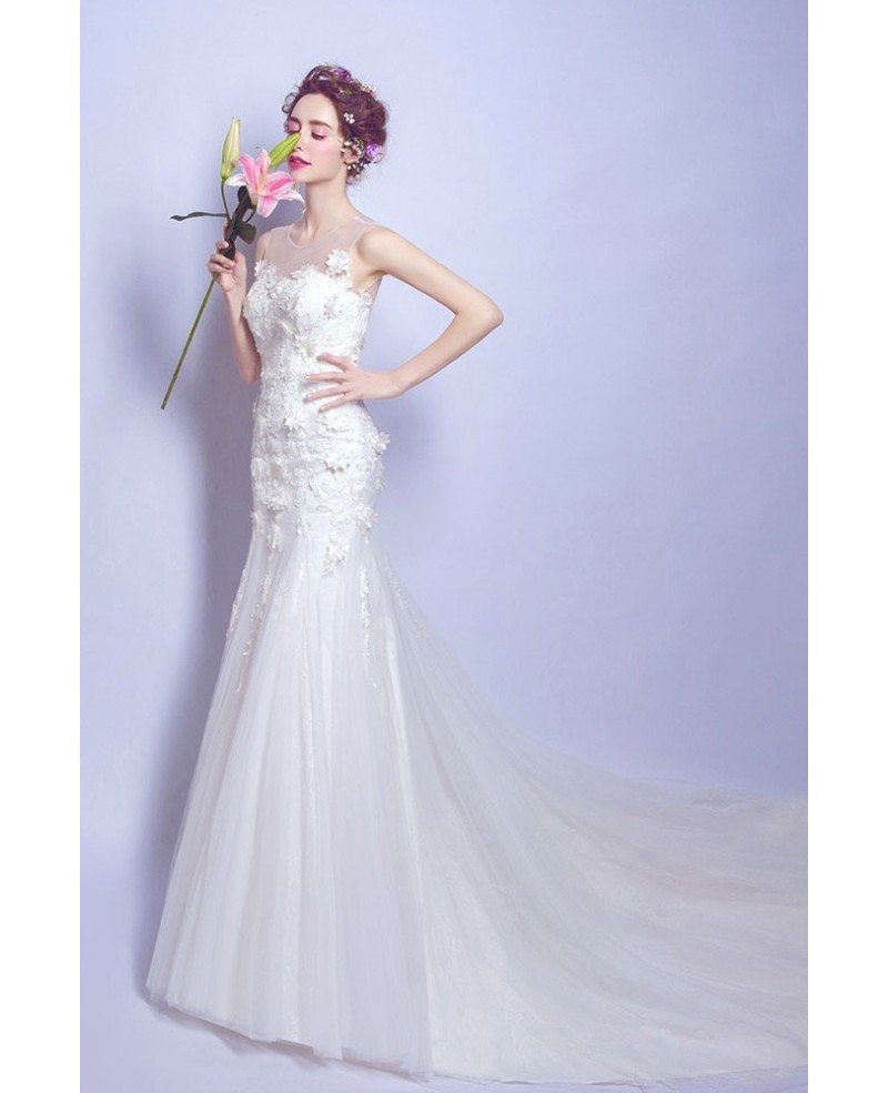 Mermaid Tight Fitted Wedding Dress With Flowers Sheer Neckline ...