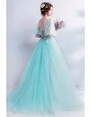Fantasy Blue Flowy Tulle Long Prom Dress V-neck With Flowers