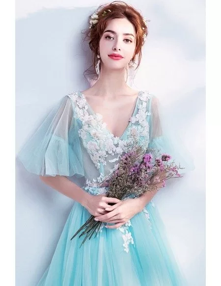 Fantasy Blue Flowy Tulle Long Prom Dress V-neck With Flowers