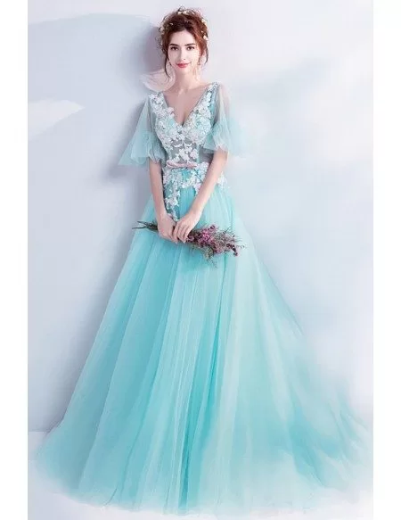Fantasy Blue Flowy Tulle Long Prom Dress V-neck With Flowers Wholesale ...