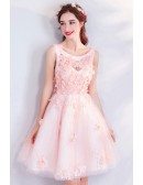 Cute Pink Petals Short Tulle Prom Party Dress With Flowers