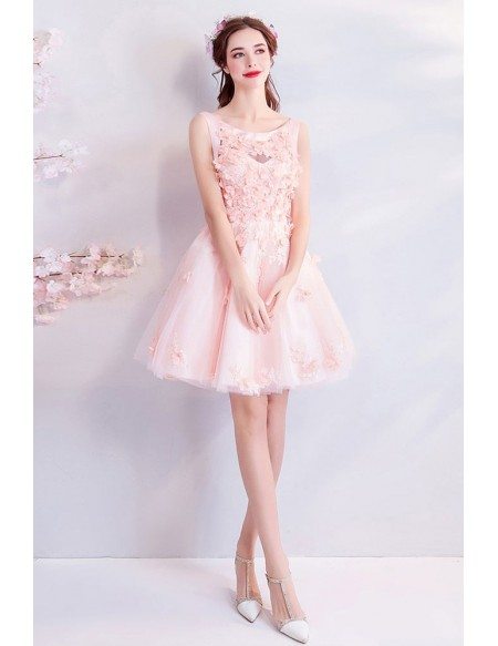 Cute Pink Petals Short Tulle Prom Party Dress With Flowers
