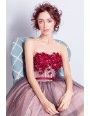 Dusty Black With Red Flowers Cute Short Prom Dress Strapless