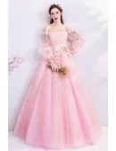 Fairy Pink Butterfly Off Shoulder Poofy Prom Dress With Long Sleeves