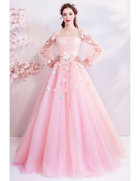 Fairy Pink Butterfly Off Shoulder Poofy Prom Dress With Long Sleeves ...
