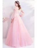 Fairy Pink Butterfly Off Shoulder Poofy Prom Dress With Long Sleeves