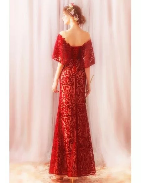 Elegant Long Red Lace Sheath Formal Party Dress With Cape Sleeves