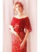 Elegant Long Red Lace Sheath Formal Party Dress With Cape Sleeves