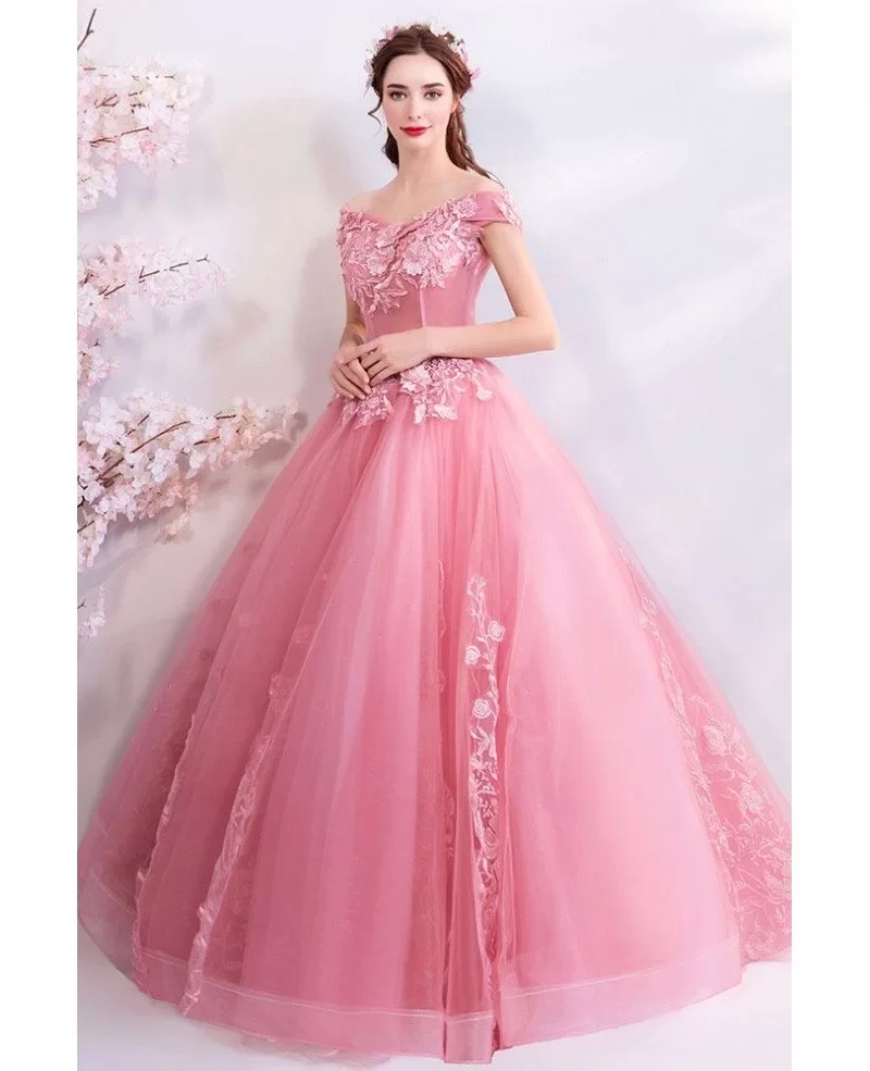 Gorgeous Pink Lace Ball Gown Formal Prom Dress With Flowers Wholesale # ...