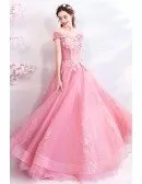 Gorgeous Pink Lace Ball Gown Formal Prom Dress With Flowers