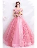 Gorgeous Pink Lace Ball Gown Formal Prom Dress With Flowers
